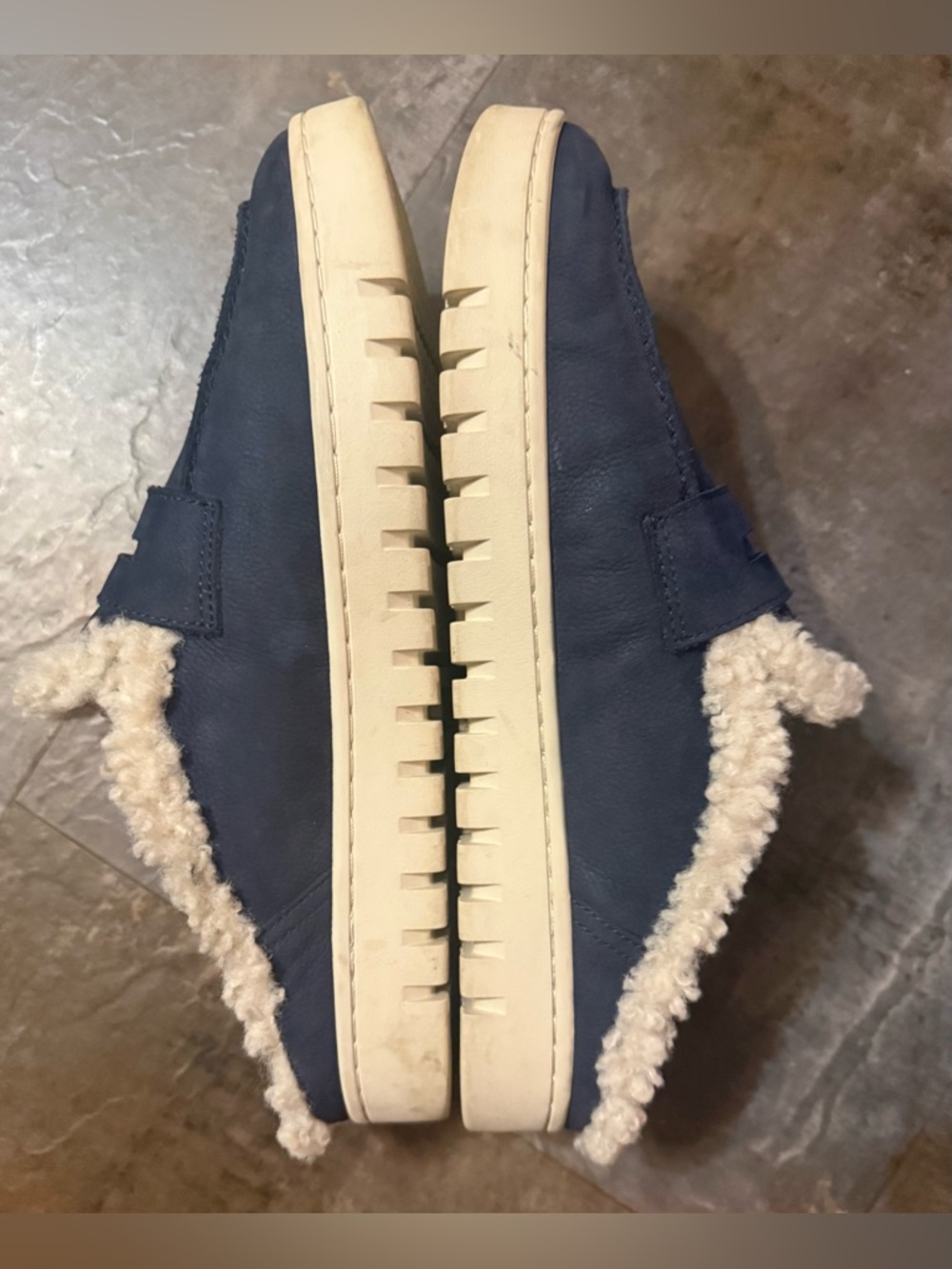Vionic Navy Suede Slip-On Mules with Cream Shearling - Picture 2 of 4